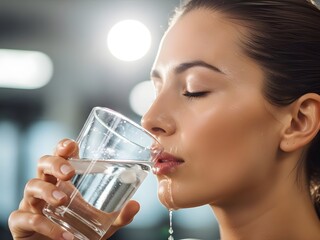 Close-up of Young Caucasian Woman Drinking Water with Eyes Closed, Spilling Liquid, Emphasizing Hydration and Refreshment for Health and Wellness