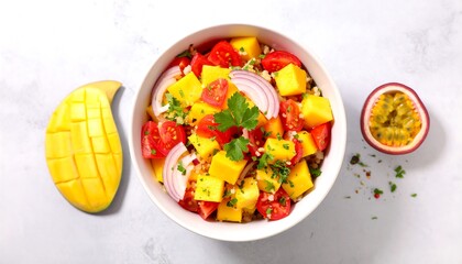 Colorful Mango Salsa Bowl with Passion Fruit and Red Onion.