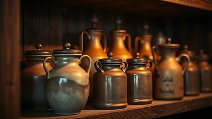 flagons. Rustic ceramic and pewter flagons with lids on wooden shelf in warm light. bar promotions, beverage menus, designed for product packaging and bar promotions, used by marketing managers.