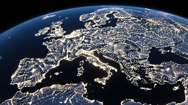 Detailed view of Europe from space at night, showing city lights.