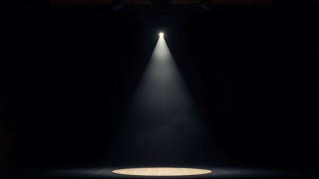 showbusiness. An empty stage illuminated by a single dramatic spotlight in a dark theater. event programs, museum guides, designed for cultural heritage projects and event programs.