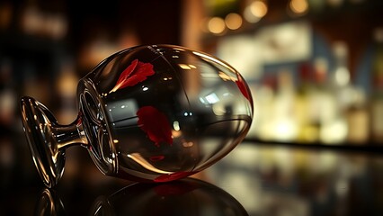 imprudence. An overturned wine glass with lipstick marks on a bar counter in moody lighting. bar promotions, beverage menus, designed for food & beverage menus and cafe branding.