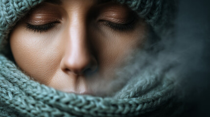 Person in Knit Scarf Exhaling Visible Breath Plume in Crisp Winter Air, Stark Cool-Toned Portrait of Cold and Warmth.