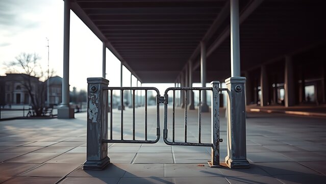 mephistopheles. An old turnstile stands alone in an empty square at dusk, symbolizing separation. wellbeing guides, coaching materials, designed for mental health education and mindfulness programs.