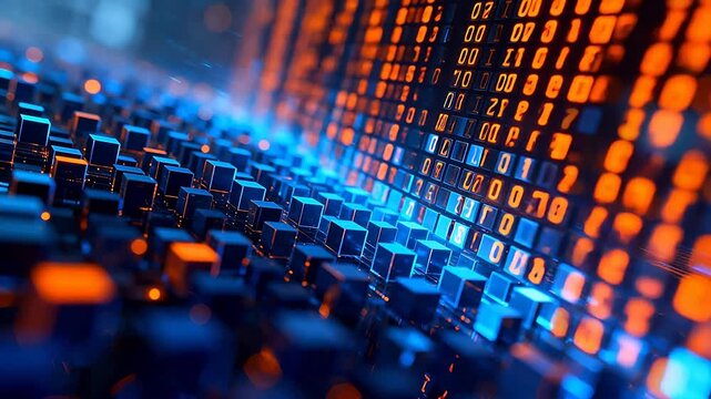 Digital cubes with glowing binary code