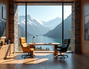 Fototapeta premium Modern office interior with large window viewing mountain lake landscape. Two chairs, desk, lamp set for work. Wood floor, stone walls add natural style. Scenario 1 Remote worker wants inspiring