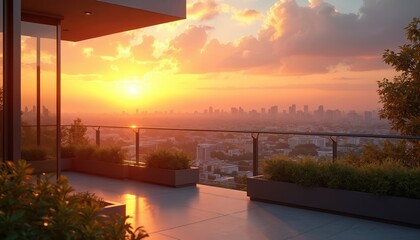 Naklejka premium Modern apartment balcony with cityscape view at golden hour sunset. Lush plants on terrace overlooking city skyline. Peaceful evening sky with clouds.
