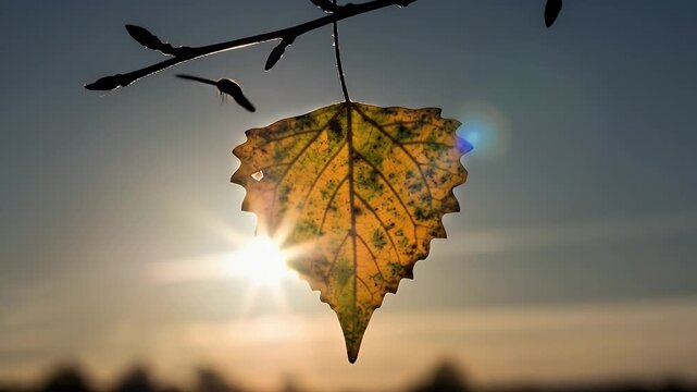 A beautiful leaf hanging from a branch with the sun shining through it.