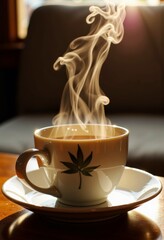 Fototapeta premium Steaming Cup of Herbal Tea with Leaf Decor in Sunlit Room: A Cozy and Aromatic Moment of Relaxation and Warmth