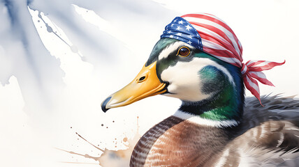 Colorful mallard duck with distinctive green head feathers wearing a patriotic red white and blue bandana