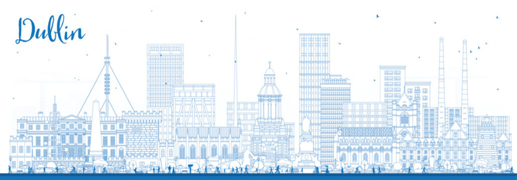 Outline Dublin Ireland city skyline with blue buildings. Illustration. Dublin cityscape with landmarks. Business travel and tourism concept with modern and historic architecture.