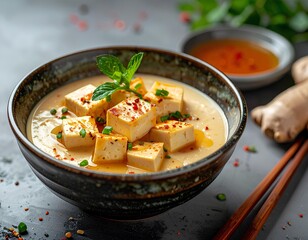 Creamy tofu soup with warm ginger broth in a bowl