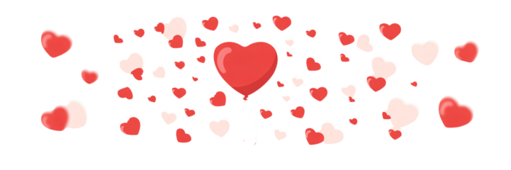 Vibrant red heart balloon floats among scattered pink and red hearts on white background