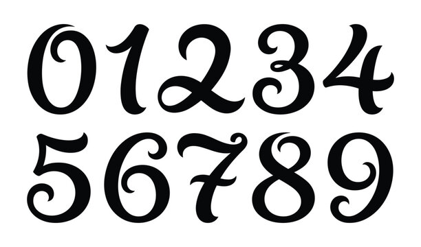 Elegant handwritten numbers 0 to 9 in black, flowing script font, isolated on white background