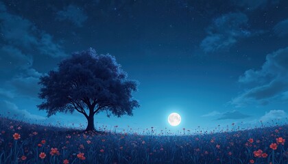 Solitary tree stands in field of blooming flowers under clear night sky. Moon shines brightly casting gentle glow over tranquil landscape. Stars twinkle above creating dreamy atmosphere.