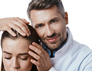 Professional male dermatologist in white coat examines young woman's acne covered forehead, offering expert care, isolated on transparent background