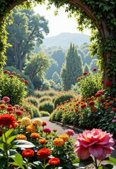 Vibrant Floral Garden Pathway Framed by Lush Green Arch with Stunning Mountain View in the Distance on a Sunny Day