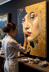 Talented Artist Skillfully Painting a Golden-Hued Portrait on Canvas in a Studio with Elegant Details and Warm Lighting