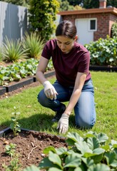 Gardener Kneeling in a Vibrant Vegetable Garden Tending to Young Plants on a Sunny Day in Early Spring, Surrounded by Lush Greenery and Raised Garden Beds