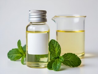 Mint extract in glass bottle and beaker with fresh mint leaves