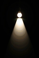 Illuminated light bulb casting a focused beam against a dark backdrop highlighting contrasting shadows and reflections in a minimalistic artistic composition