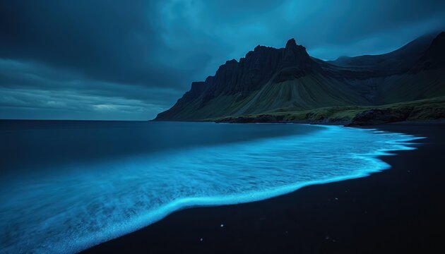 Black sand beach glows with blue bioluminescent algae at night. Jagged mountains rise behind dark ocean waves crashing on Icelands coast. Mysterious natural phenomenon.