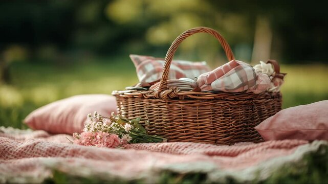 Wicker picnic basket on pink gingham blanket with pillows
