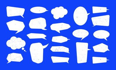 Fototapeta premium A set of grunge-style speech bubbles with a grainy effect. A collection of white, slightly distressed speech and thought bubbles. Comical bubbles for messages, dialogues, stickers. Vector graphic set