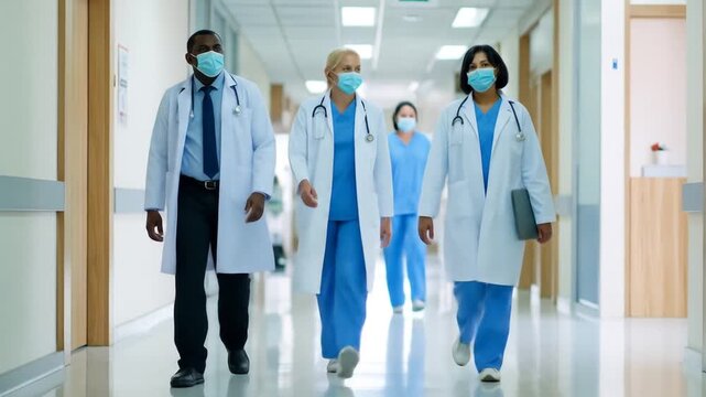 Diverse group of doctors and nurses walking confidently in a bright hospital corridor, wearing medical masks
