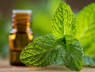 Fresh mint leaves and essential oil bottle on wooden surface