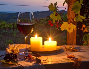 Romantic evening scene with wine glass, lit candles, and vineyard backdrop at sunset