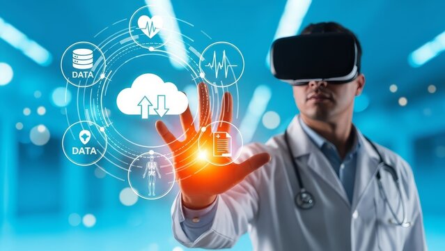 Doctor uses virtual reality technology to examine patient data in a futuristic medical setting - Powered by Adobe