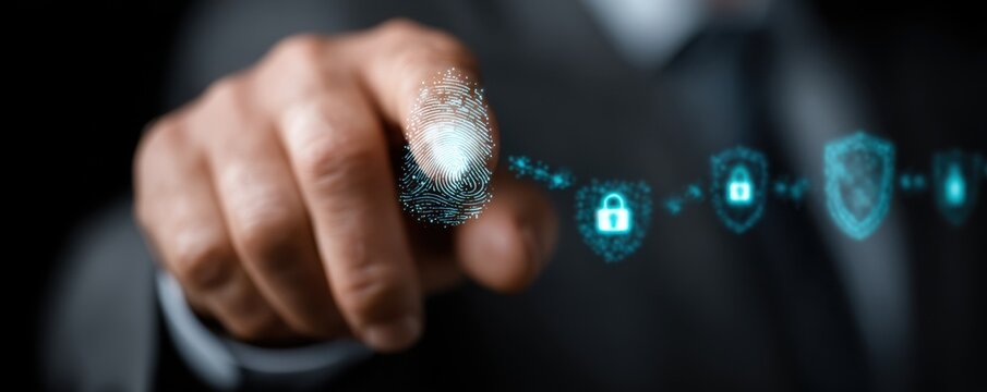 Businessman uses biometric fingerprint security to access a secure digital network and protect data - Powered by Adobe