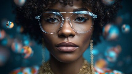 Person with Frameless Glasses and Gold Chain Necklace Amidst Floating Translucent Geometric Shapes, Futuristic Minimalist Portrait.