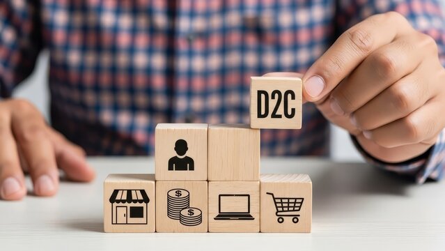 Person holding a wooden block with d2c written on it while sitting at a table