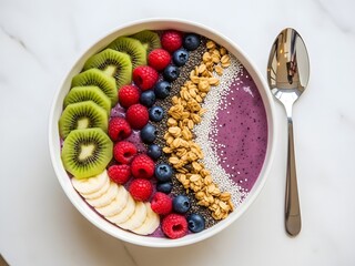 Healthy Smoothie Bowl Topped with Fresh Fruits Granola and Seeds on White Marble Background with Copy Space