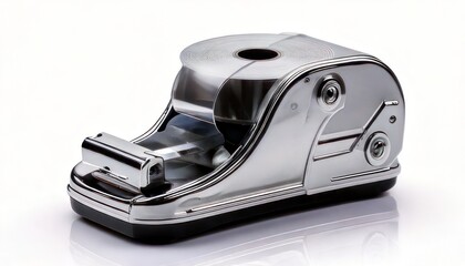 Shiny Chrome Tape Dispenser on White Background for Office Use.