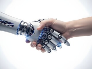 Human Hand Shaking Robotic Hand on White Background Demonstrating Technology Partnership and Future Innovation Concept
