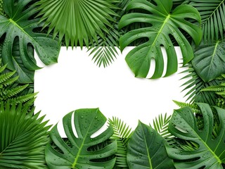 Lush Green Tropical Leaves and Monstera Plants Framing a White Copy Space Background with Water Droplets