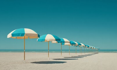 Fototapeta premium Serene Beach Scene with Colorful Umbrellas on Clear Summer Day by the Ocean