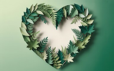 A heart shape made entirely of various green leaves on a green gradient background