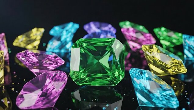 A close-up shot of a variety of colorful gemstones, including blue, green, purple, and yellow, sparkling on a reflective surface.