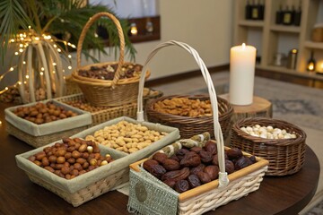 Fototapeta premium A table with a variety of nuts and other snacks