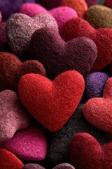 Obraz premium Vibrant heart-shaped felt confetti in red, pink, and purple for romantic celebrations and crafts