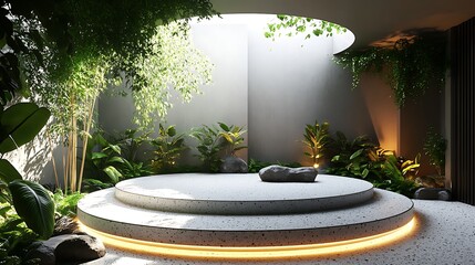 Modern garden water feature with illuminated base