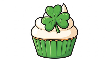 A green cupcake with white frosting and a shamrock on top for st patrick's day celebrations and irish themed parties with st patricks day and lucky