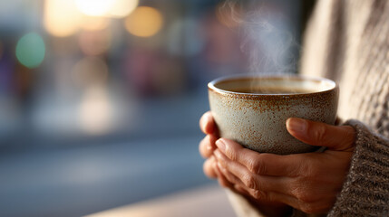 Hands Holding a Steam-Rising Reusable Ceramic Coffee Cup, Sunny Caf&eacute; Window Blurred in Background.