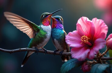 Fototapeta premium Two iridescent hummingbirds perch on a branch near a vibrant pink hibiscus flower. One bird has its wings spread showing delicate feather detail. Background is soft green and blue.