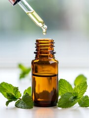 Mint essential oil being poured into a bottle with fresh leaves