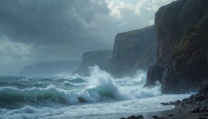 Massive waves crash against rocky cliffs under a dark stormy sky. Powerful ocean water surges ashore on a desolate beach. Nature wild force creates a dramatic coastal scene.
